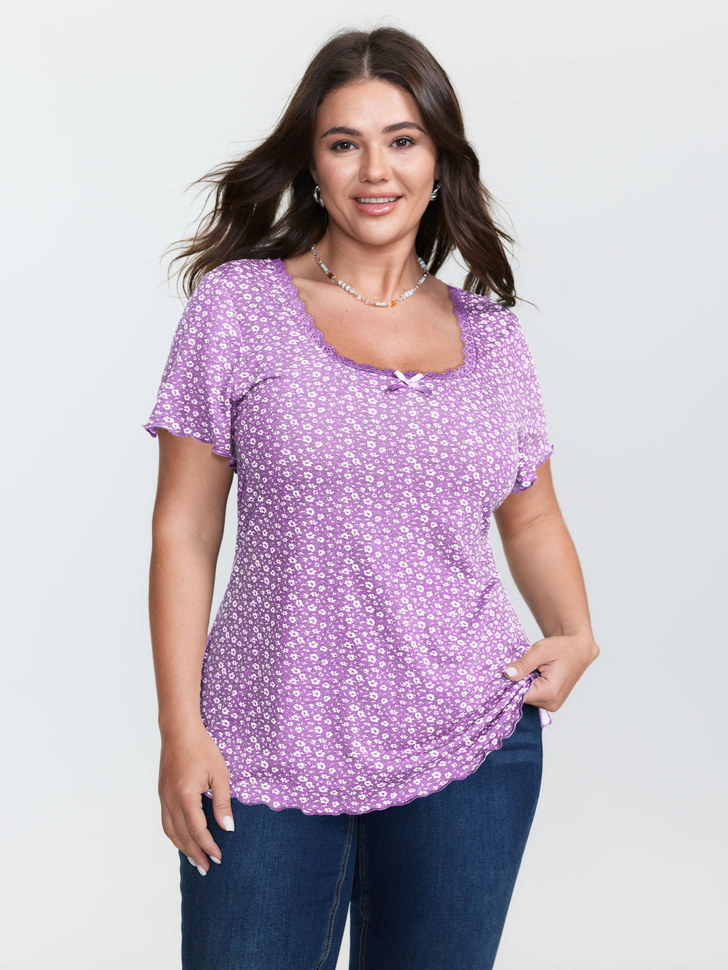 Floral Print Lace Neckline T-Shirt