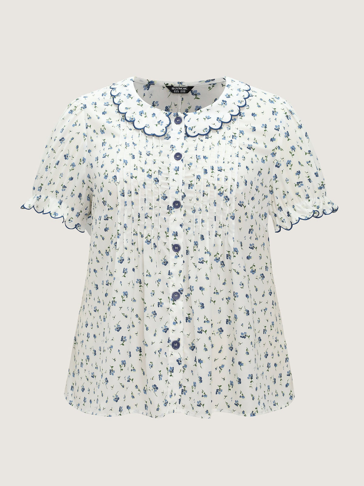 Floral Embroidery Pleated Button-Front Blouse