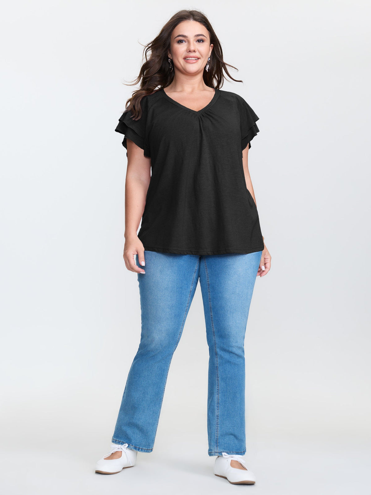 Stretchy Textured Flared Sleeve T-Shirt