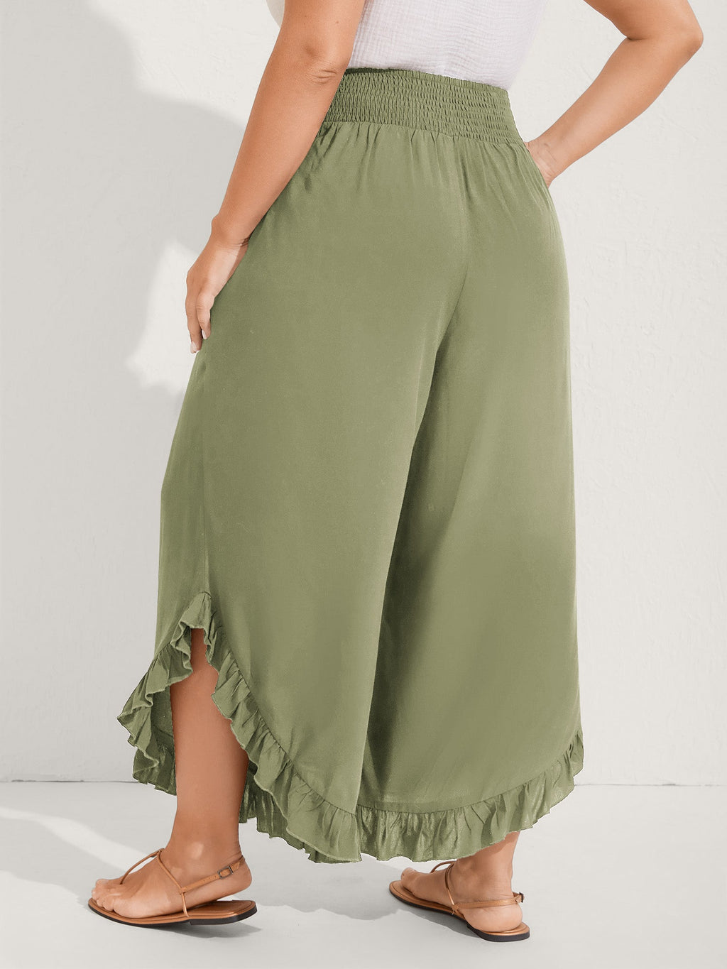 Ruffled Curvy Hem Wide-Leg Pants