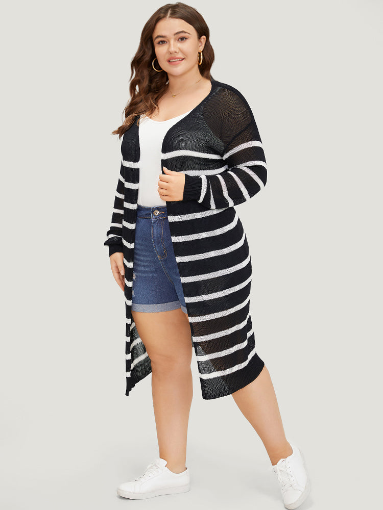 Striped Open Front Elastic Cuffs Drop Shoulder Cardigan