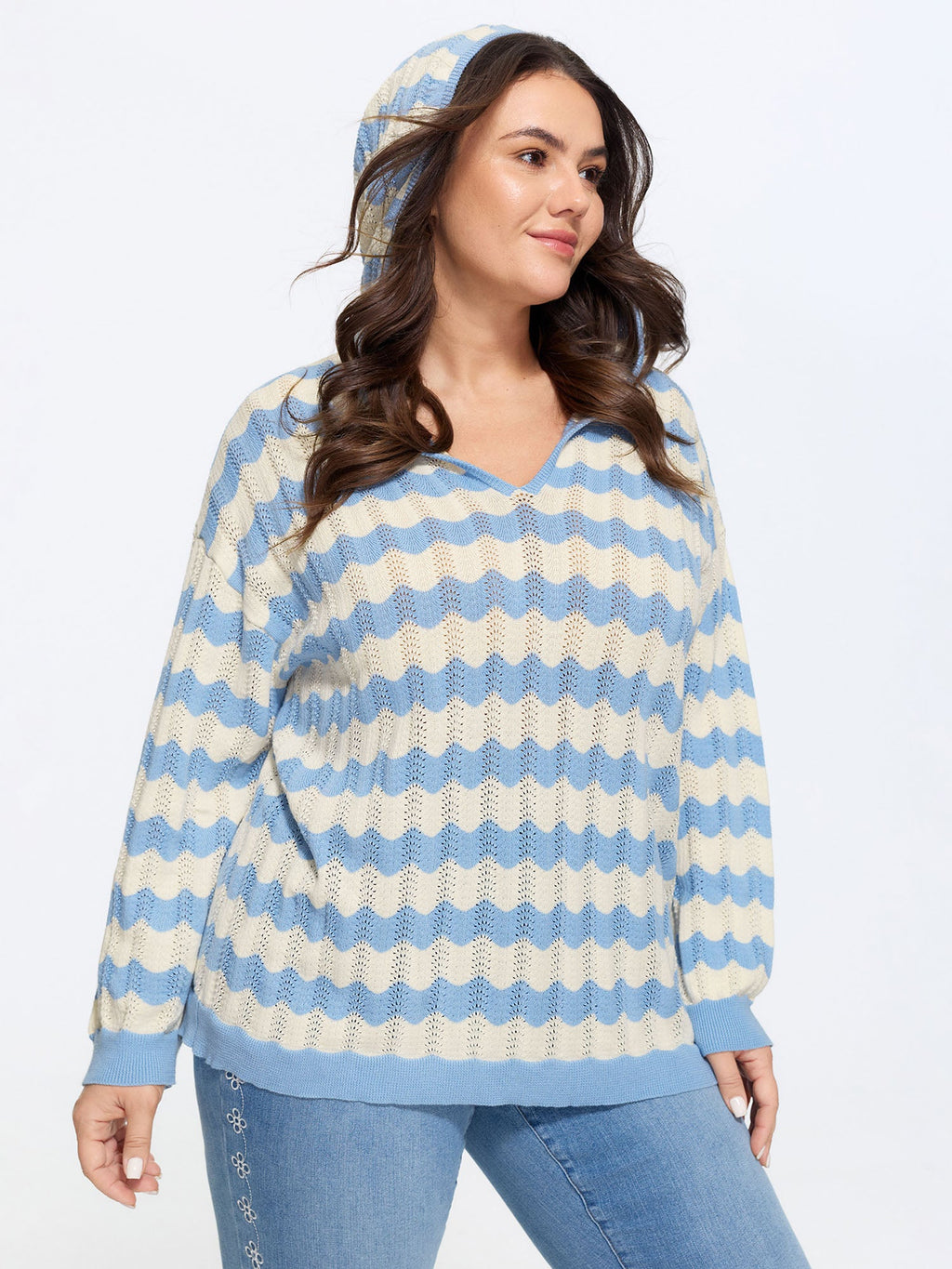 Wavy Stripe Hollow Hooded Pullover