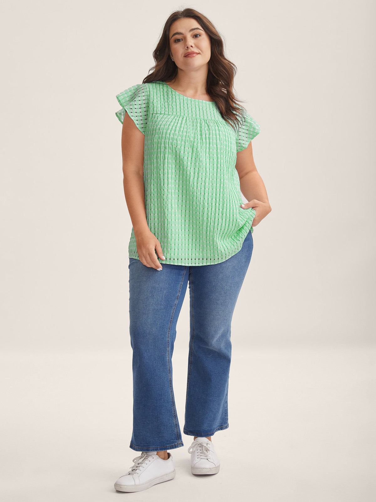 Textured Sheer Lined Flutter Sleeve Blouse