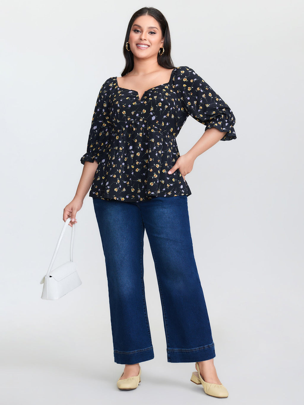 Floral Print Shirred Cuff Sleeve Blouse