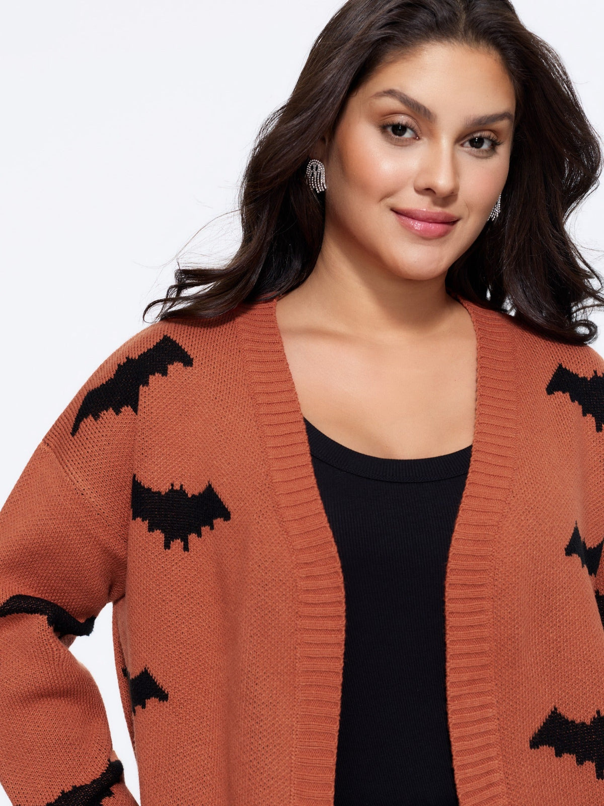 Bat Jacquard Arc Hem Open Front Cardigan
