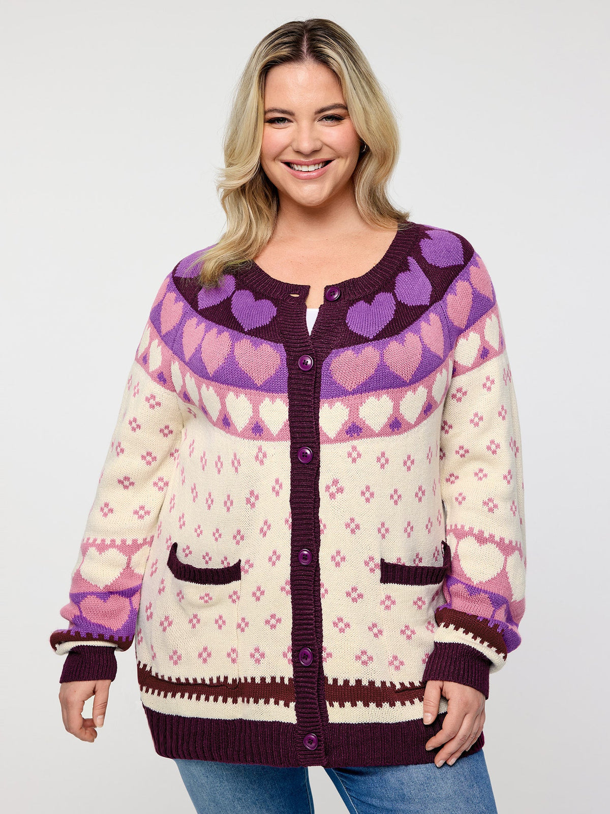 Winter Hearts Jacquard Button Knit Cardigan