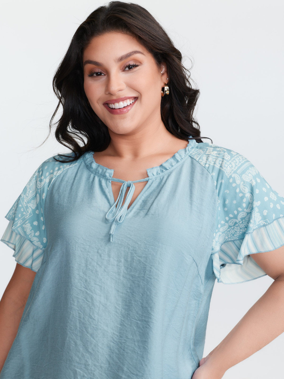 Rayon Color Contrast Ruffled Sleeve Blouse