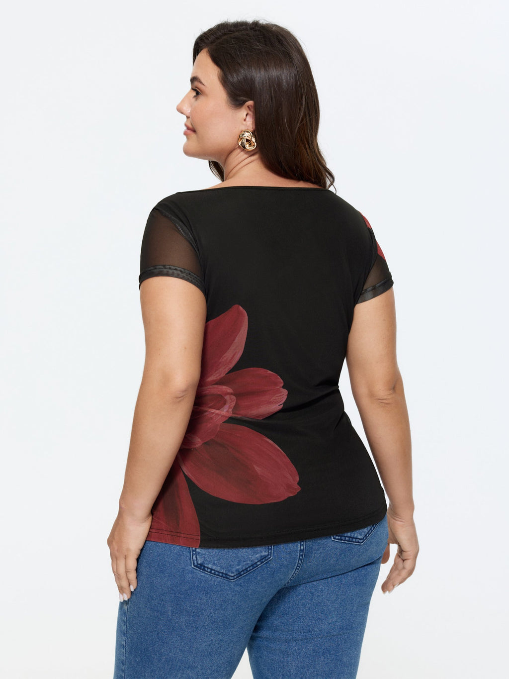 Floral Print Boat Neckline Fitted T-Shirt