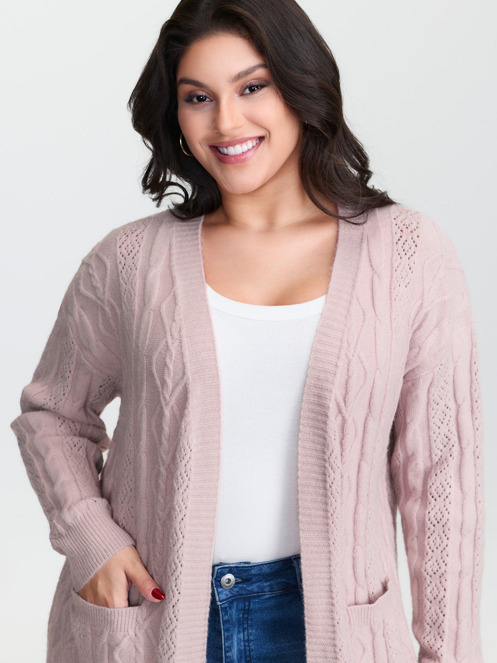 Textured Cut-Out Open-Front Knit Cardigan