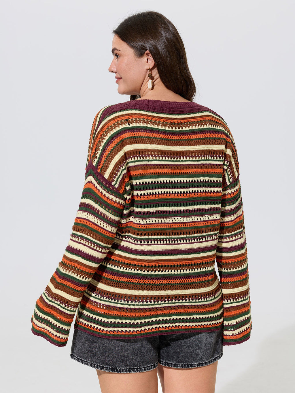 Multi-Color Stripe Hollow V-Neck Pullover