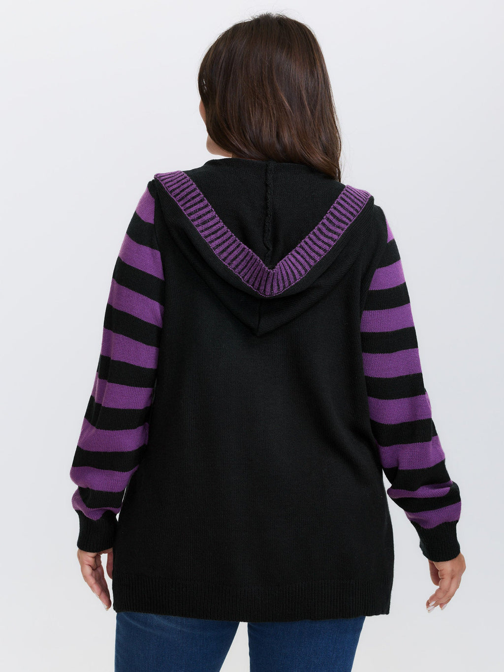 Stripes Sleeve Contrast Hooded Cardigan