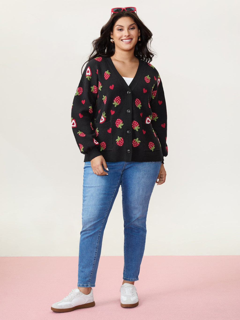 Strawberry Jacquard Pattern Knit Cardigan