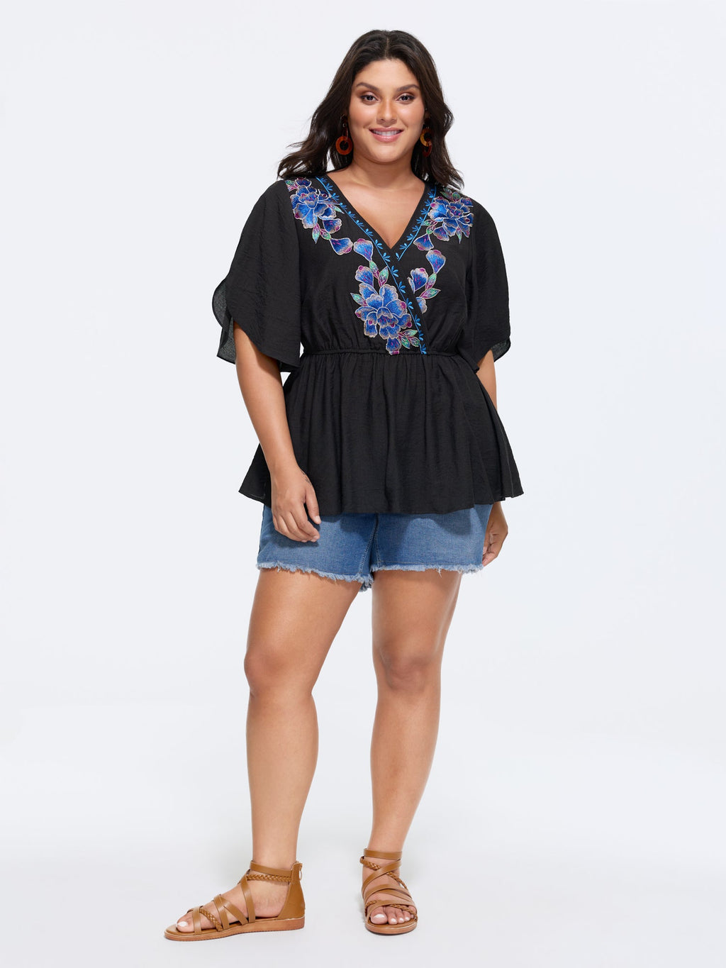 Floral Embroidered Wrap Neckline Top