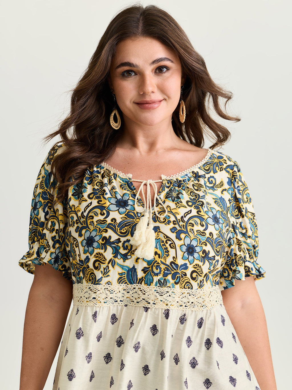 Floral Print Lace Neckline Flowy Blouse