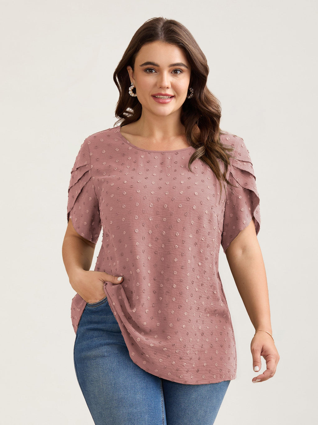 Textured Color Contrast Petal Sleeve Blouse