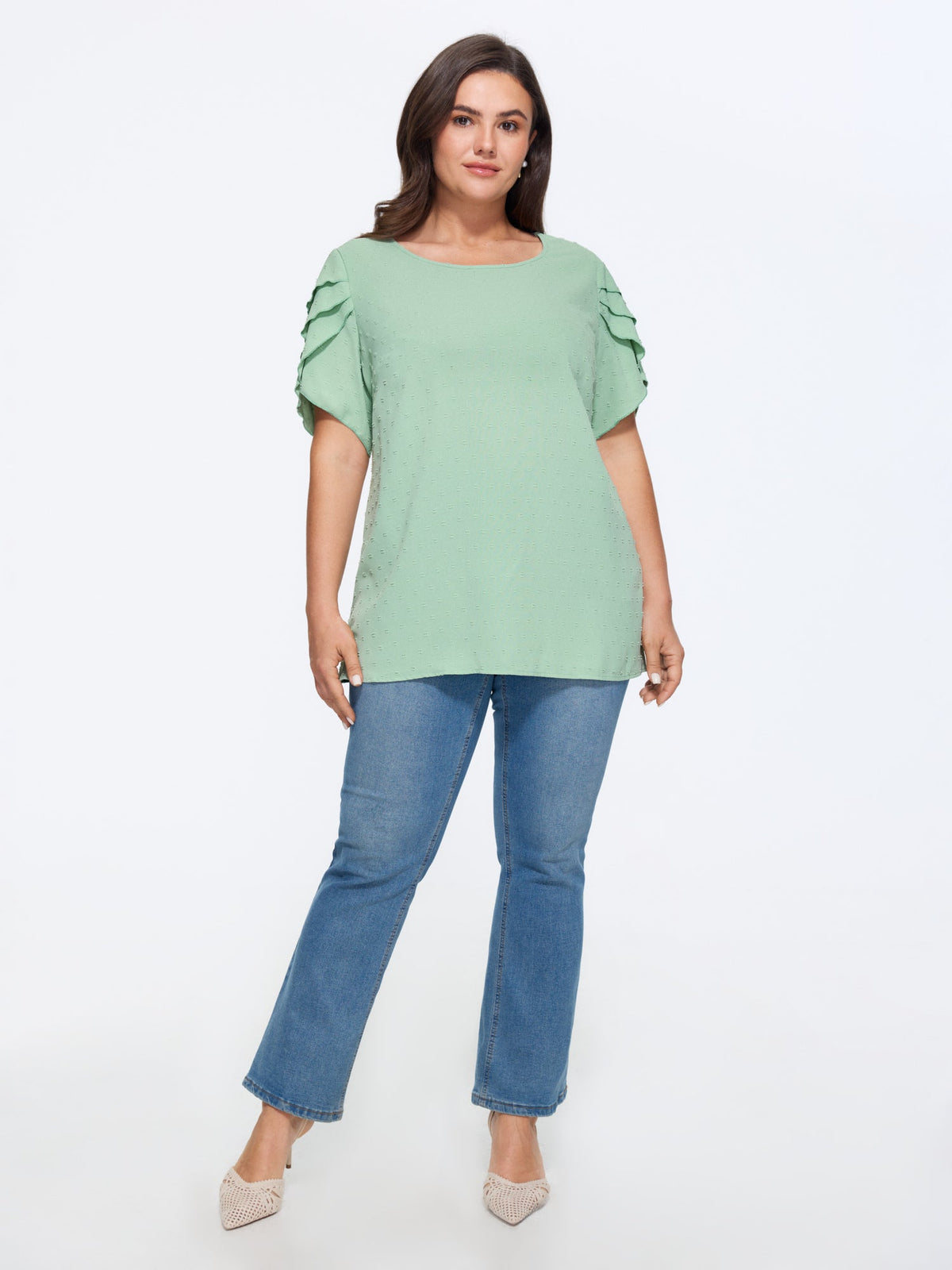 Textured Color Contrast Petal Sleeve Blouse