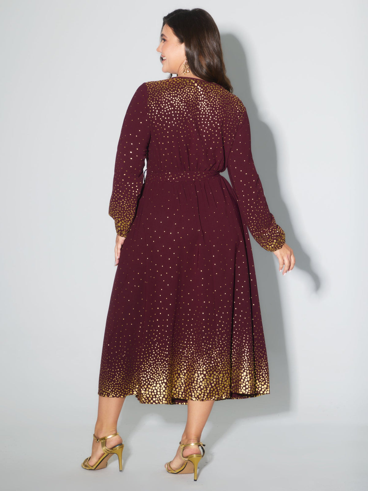 Glitter Round Neck Belted Lantern Sleeve Dress