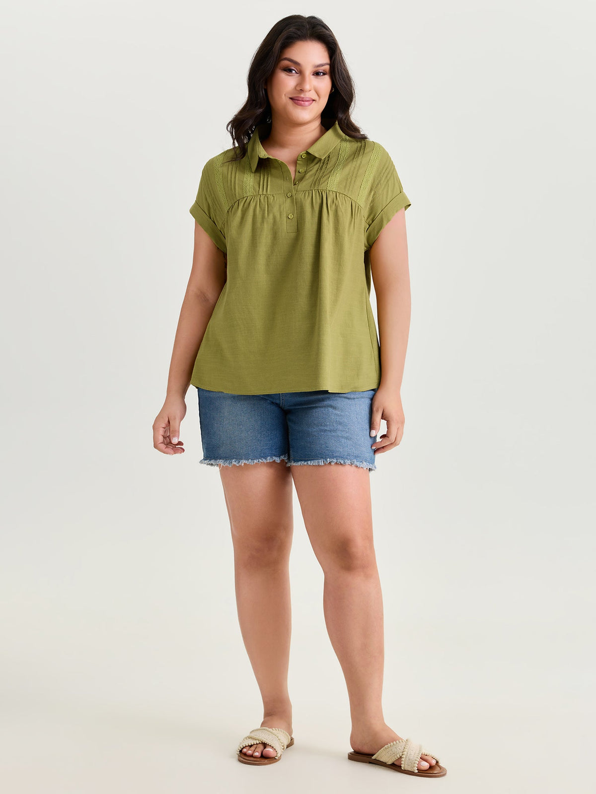 Collared Plain Pleated Half-Placket Blouse
