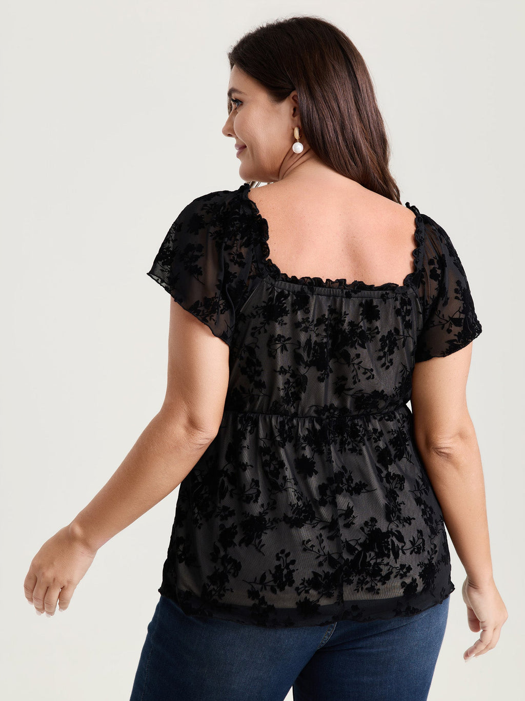 Flocked Floral Drawstring Neckline Knit Top