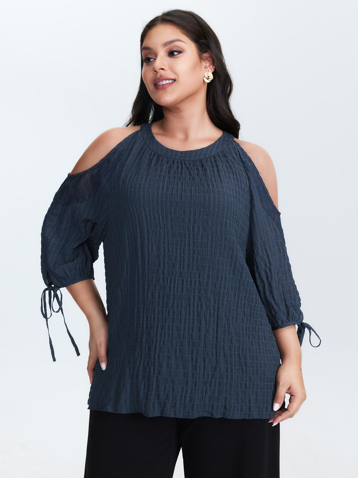 Shoulder Cut-Out Textured Back-Tie Blouse