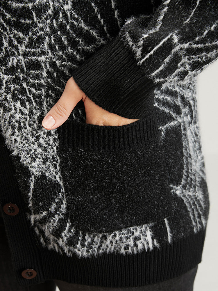 Spider Web Plush Knit Pocket Button Front Cardigan