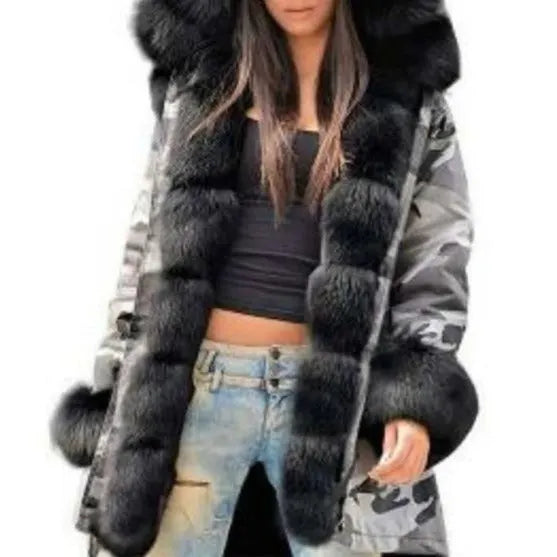 Womens Hooded Camouflage Warm Winter Coats Faux Fur Jacket Parka Overcoat