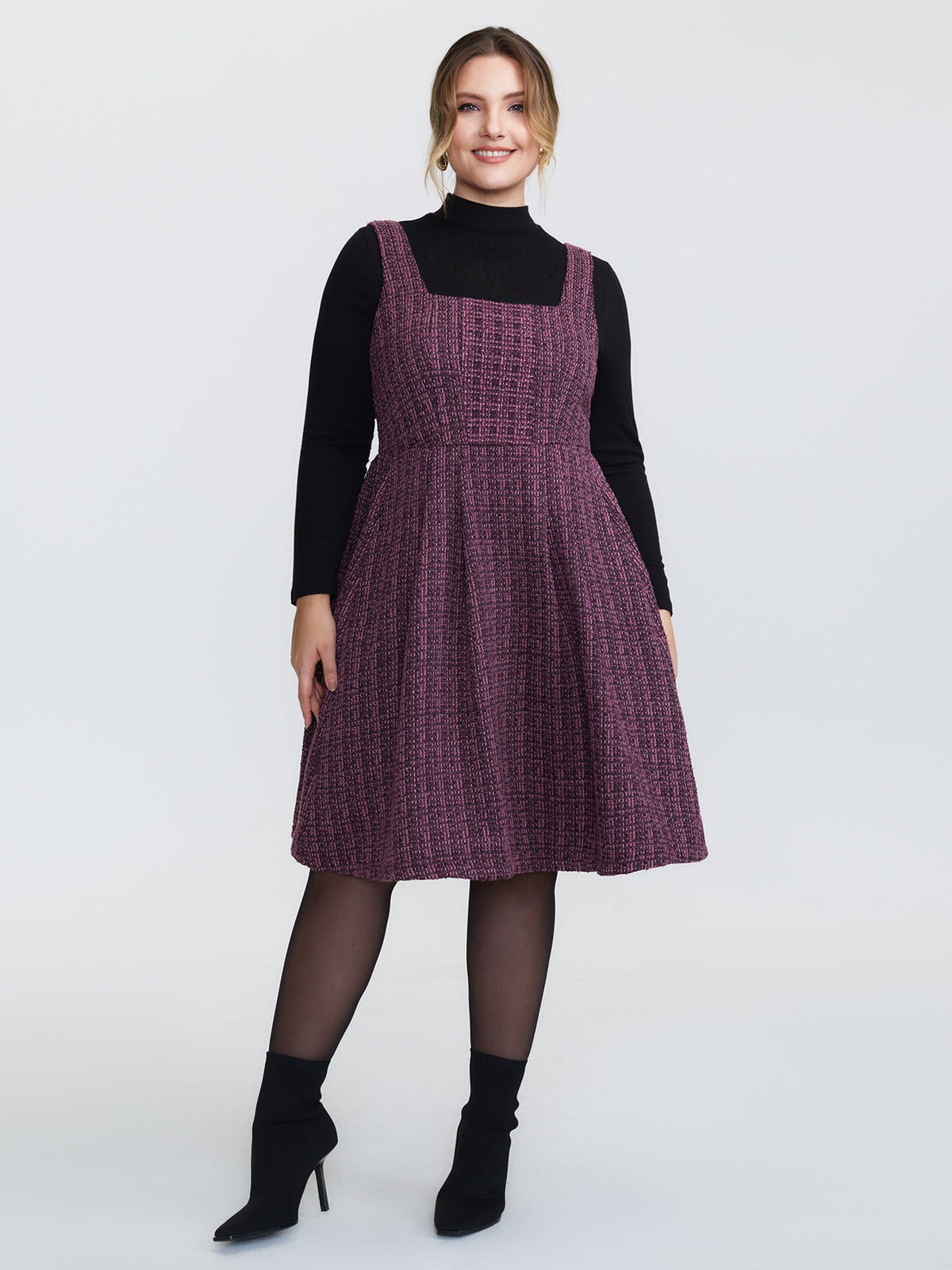 Tweed Pleated Waist Zipper Mini Dress