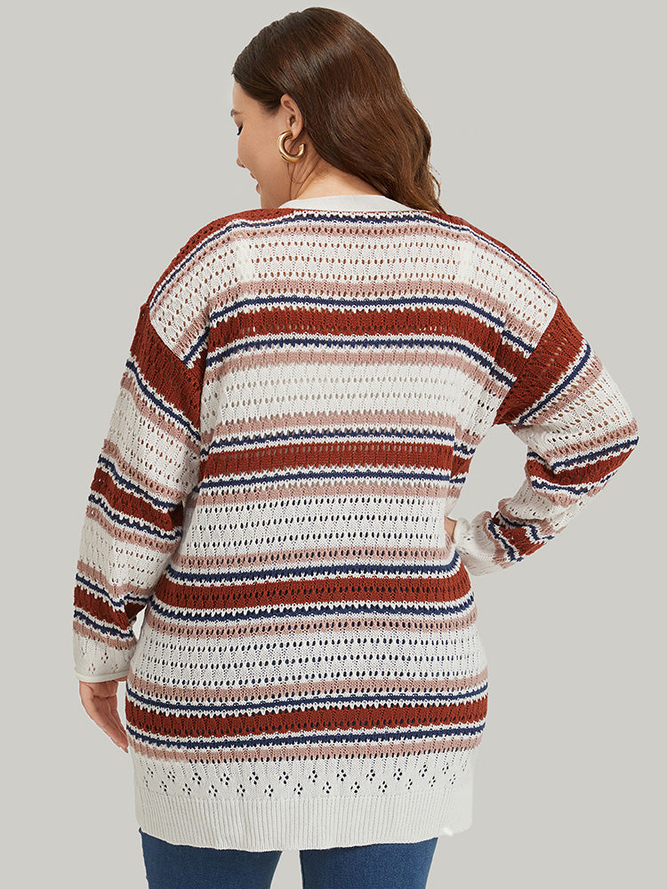 Striped Contrast Pointelle Knit Button Through Cardigan