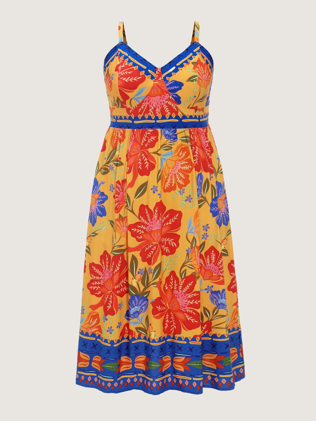 Vibrant Floral Print Pockets Cami Midi Dress
