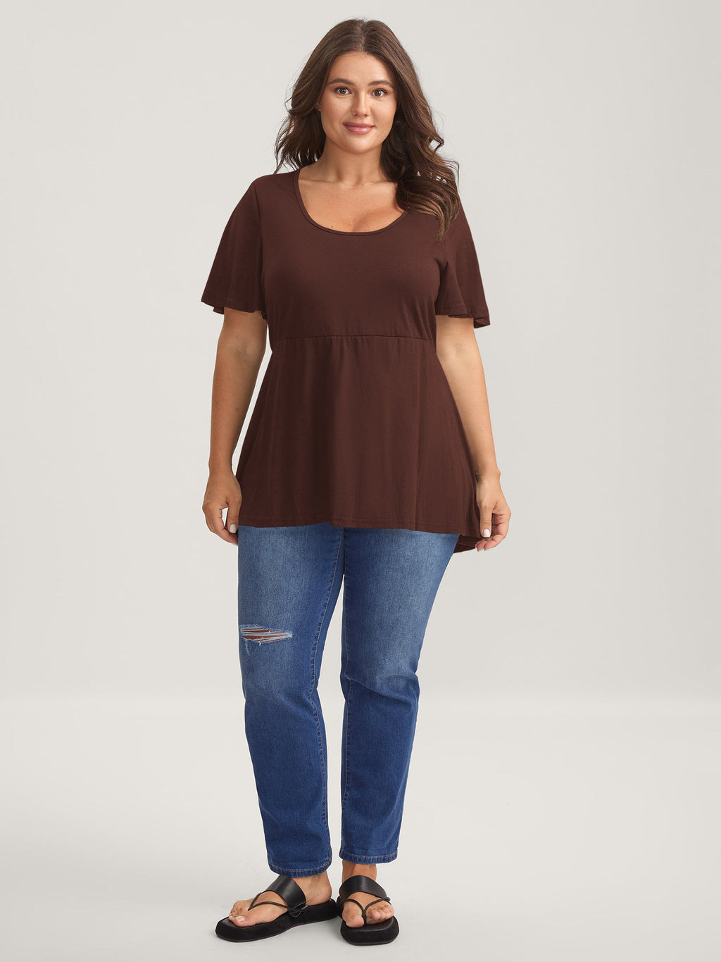 Ruffled Sleeve Round Neck Babydoll Top