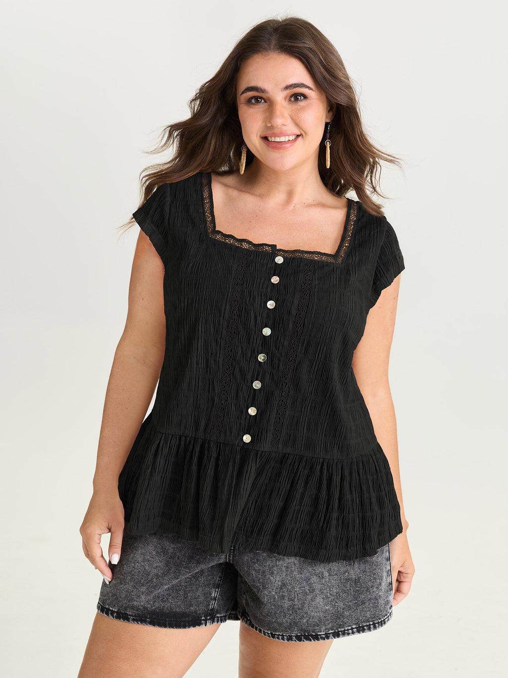 Lace Trim Sheer Ruffled Hem Blouse