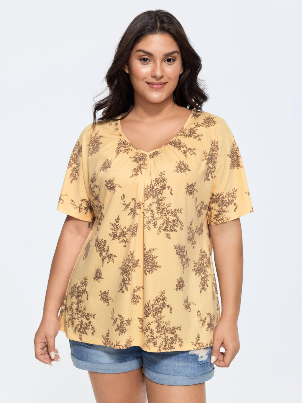 Pleated Plain Half-Sleeve Knit Top