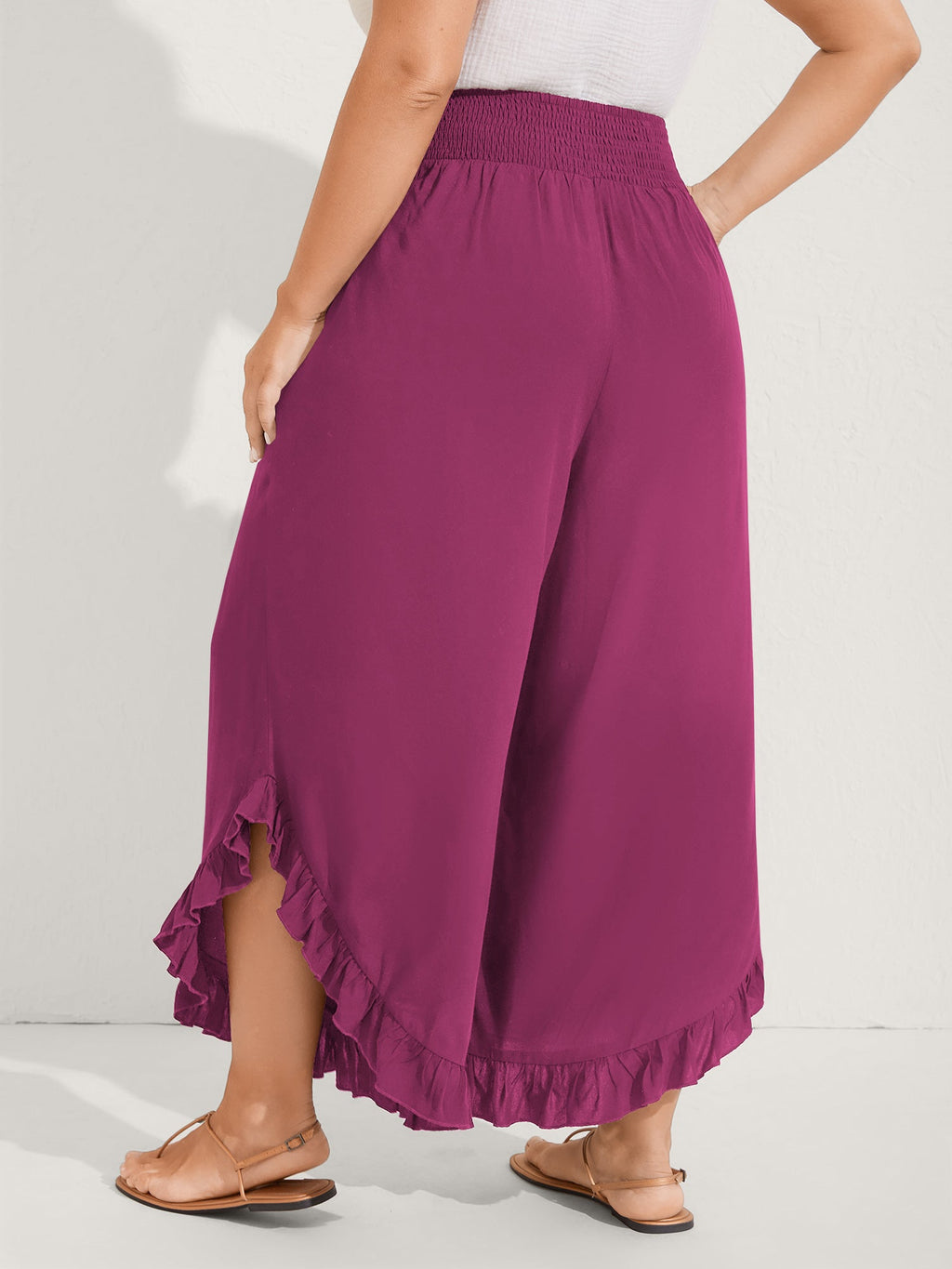 Ruffled Curvy Hem Wide-Leg Pants