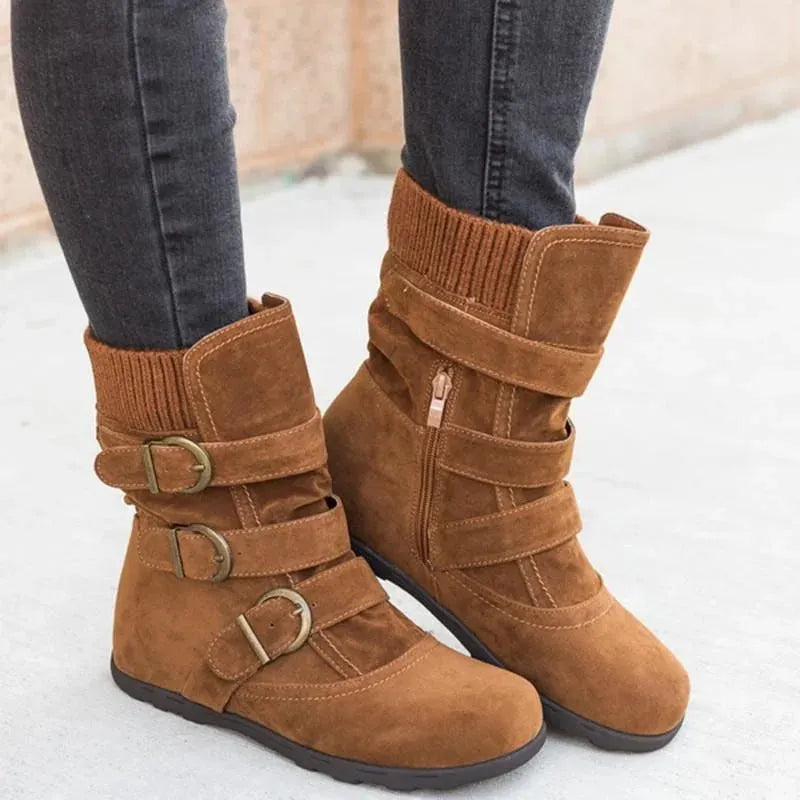 Fashion New Autumn Winter Womens Round Toe Belt Buckle Slip-On Flat Sandals