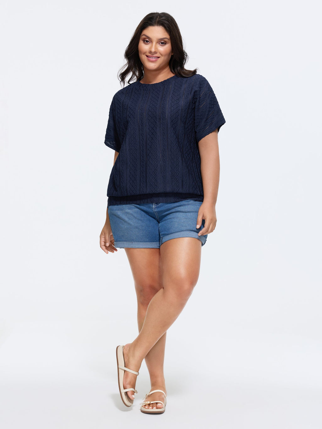 Eyelet Trim Stretchy Textured Plain Top