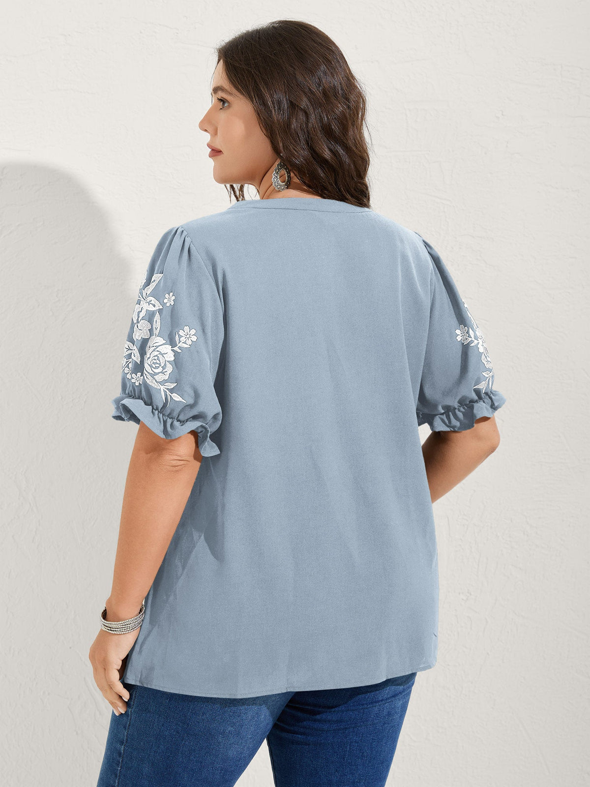 Notched Collar Embroidered Ruffled Blouse