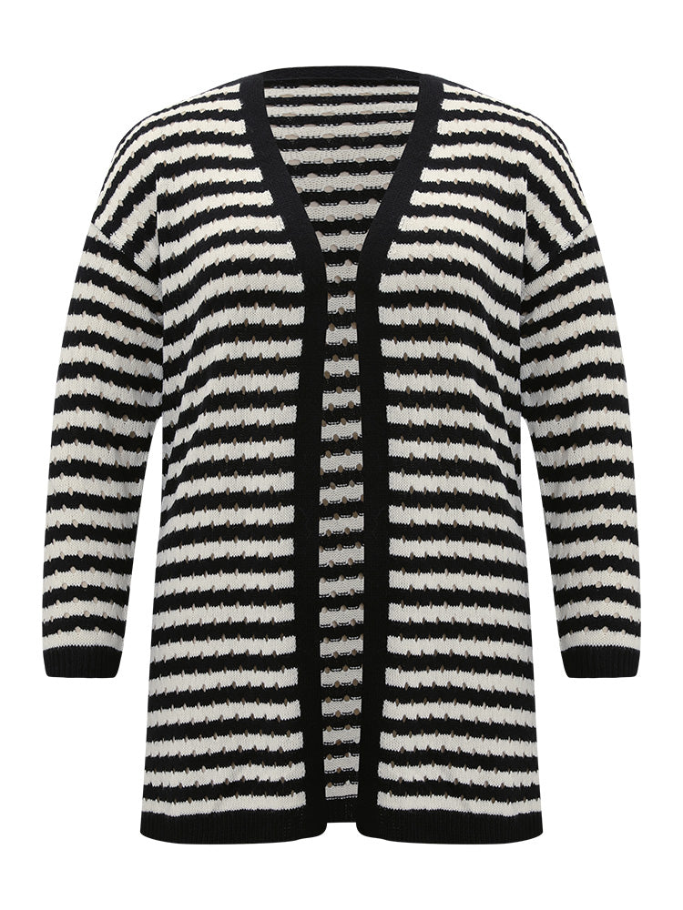 Striped Geo Eyelet Drop Shoulder Cardigan