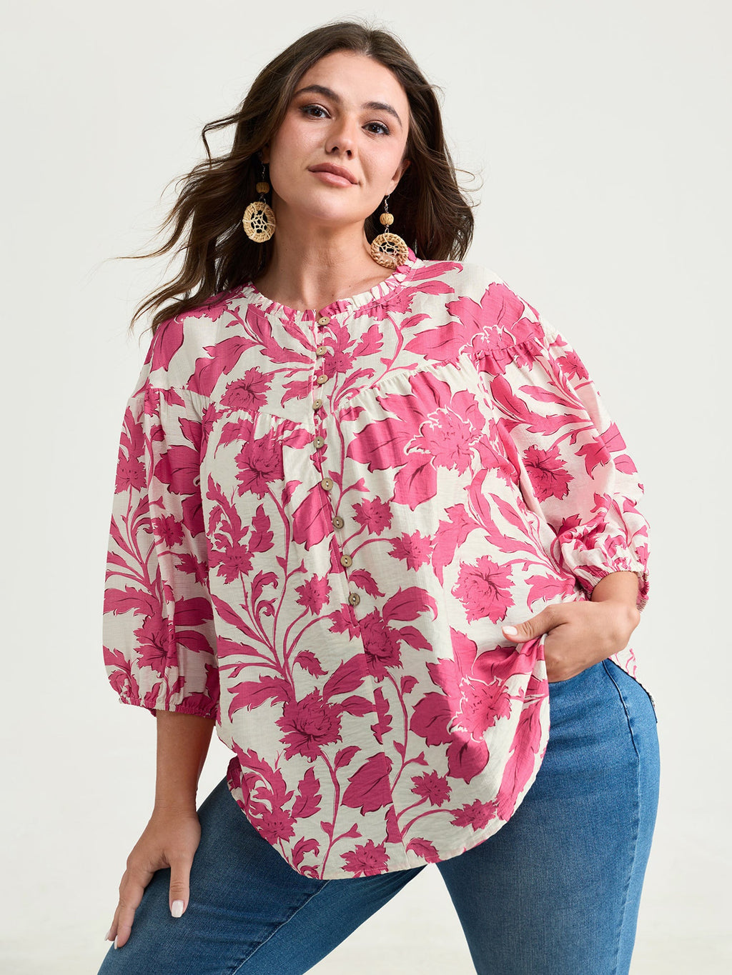 Sweet Floral Print Button Front Blouse