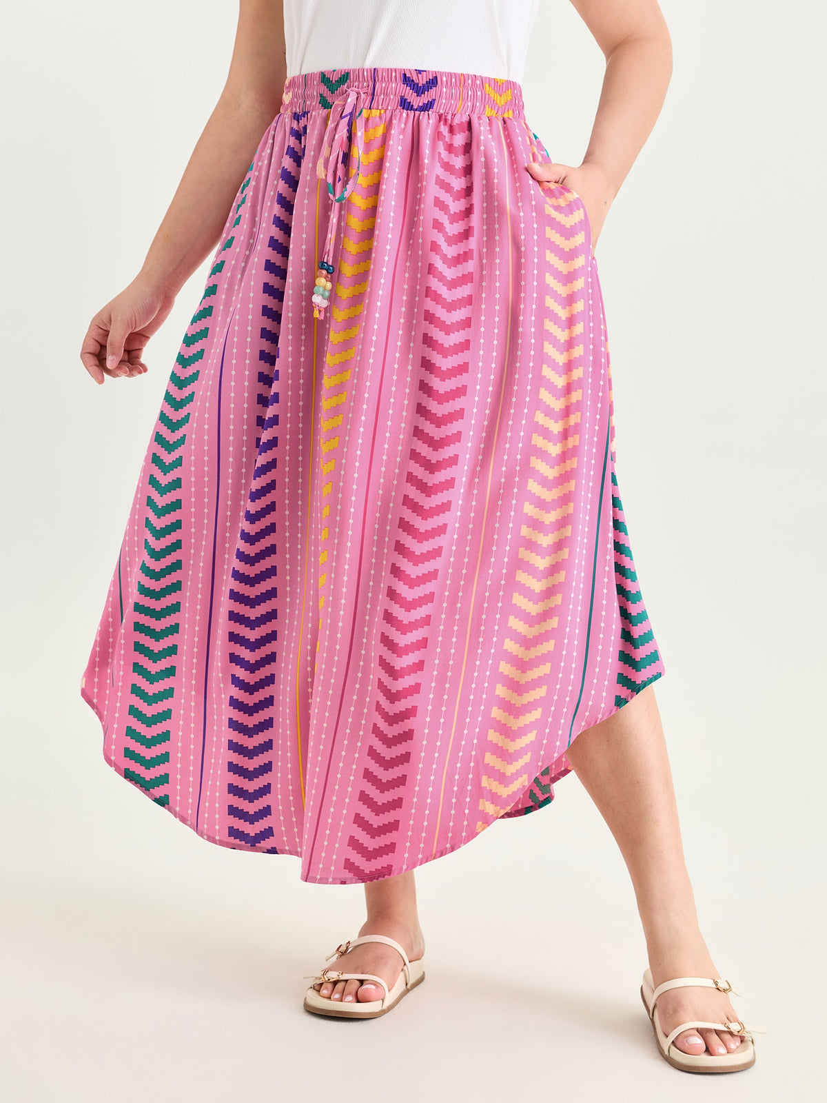 Geometric Striped Print Drawstring Maxi Skirt