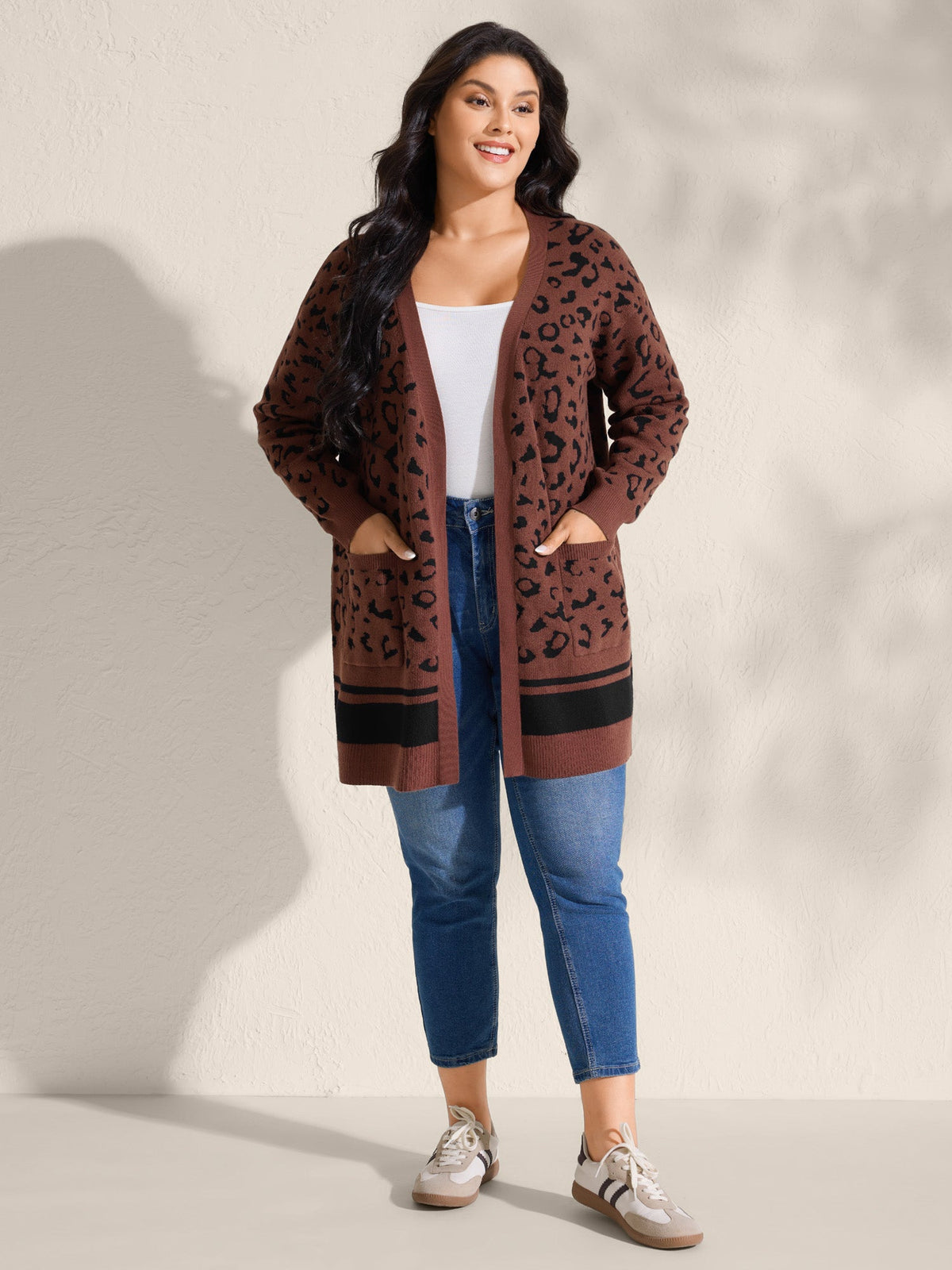 Leopard Print Patch Pockets Front-Open Cardigan