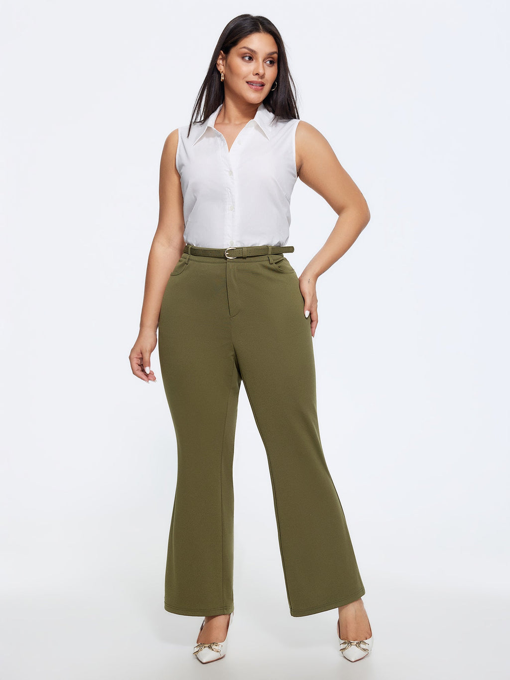 Matching Belt High Waist Pocket Bootcut Pants