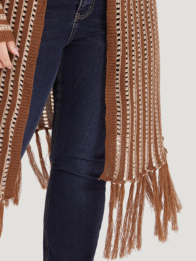 Striped Open Front Tassel Trim Hollow Out Cardigan