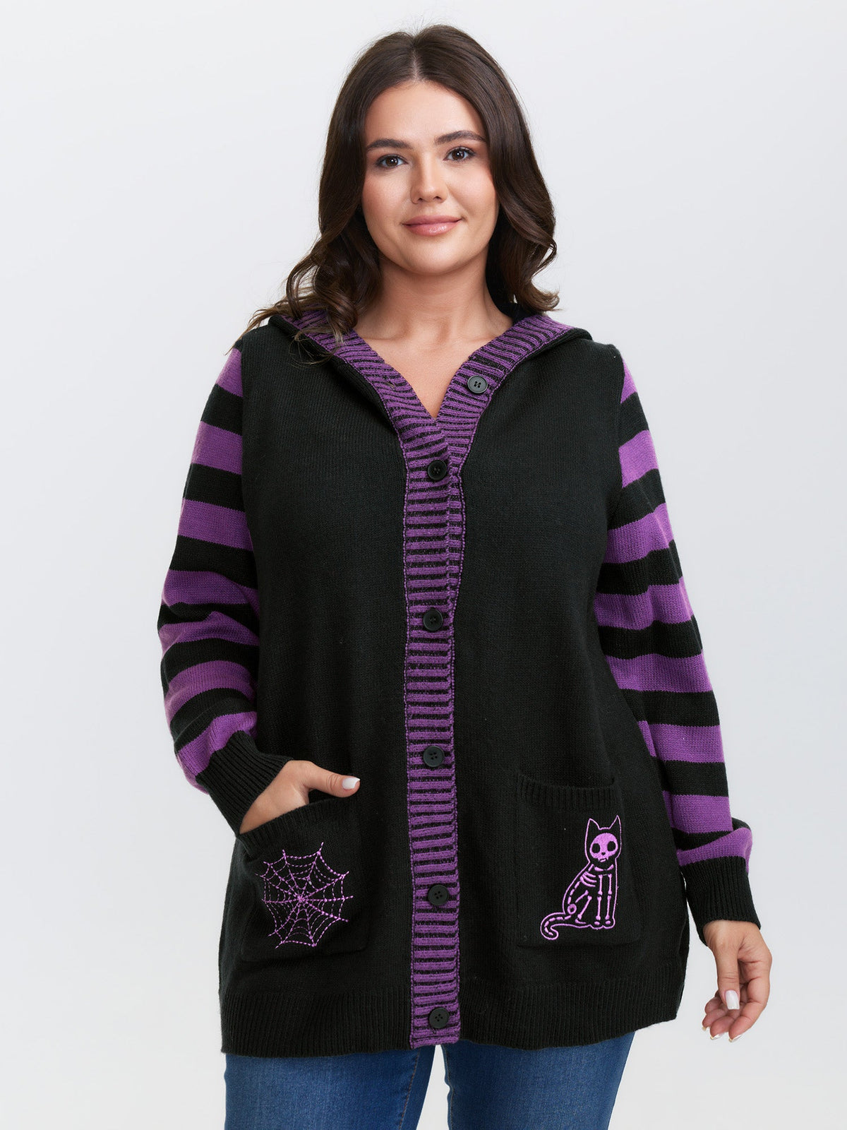 Stripes Sleeve Contrast Hooded Cardigan
