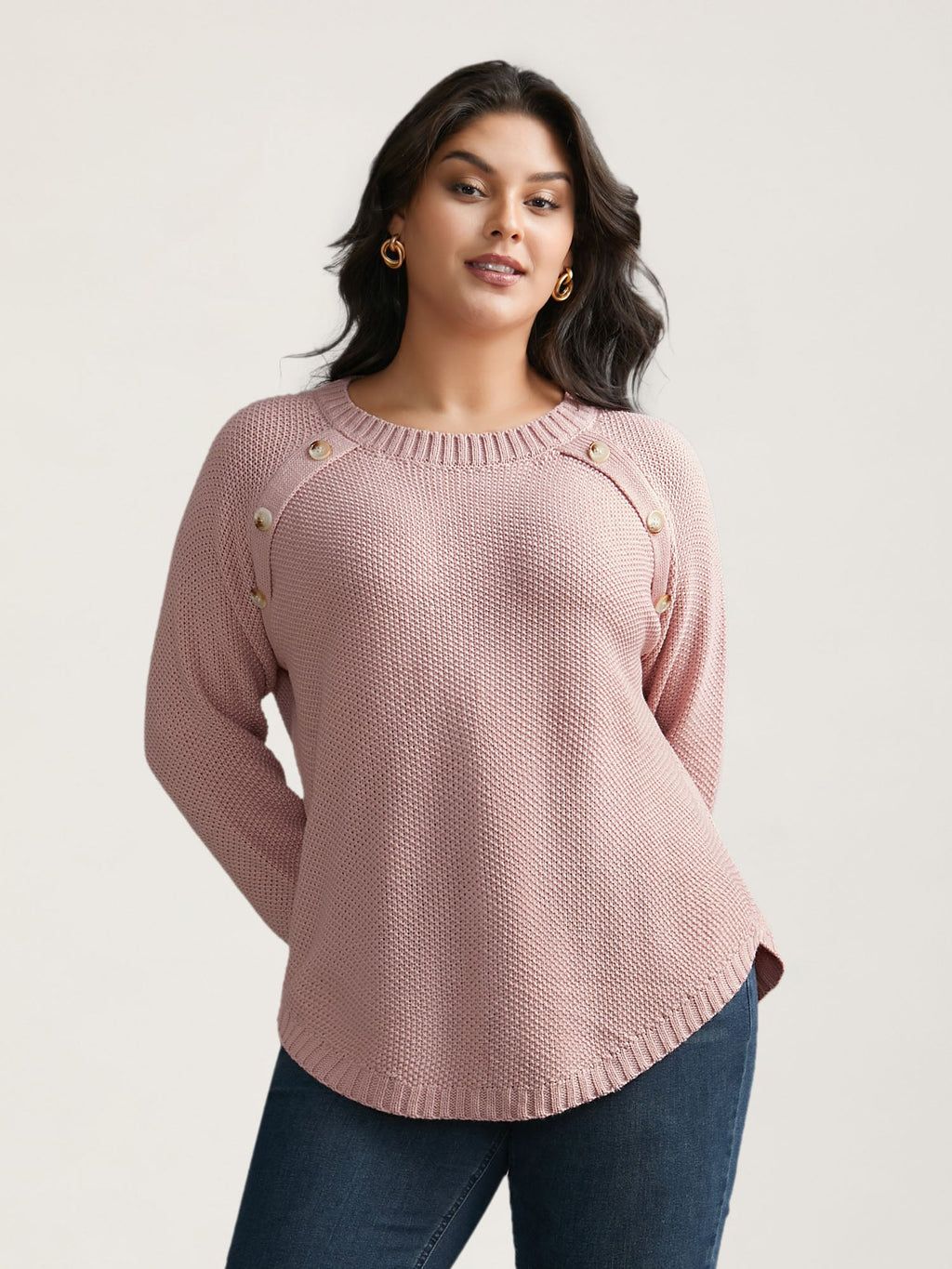 Plain Textured Button Detail Curved Hem Pullover