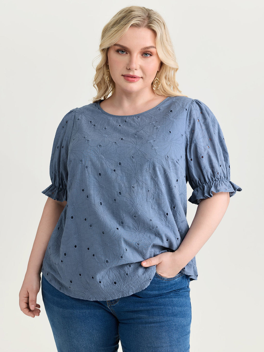 Floral Eyelet Trim Stretchy Cuff Sleeve Blouse