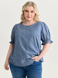 Floral Eyelet Trim Stretchy Cuff Sleeve Blouse