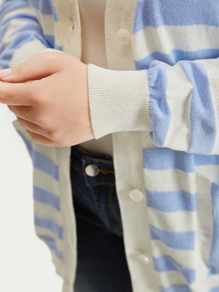 Striped Button Down Patched Pocket Cardigan