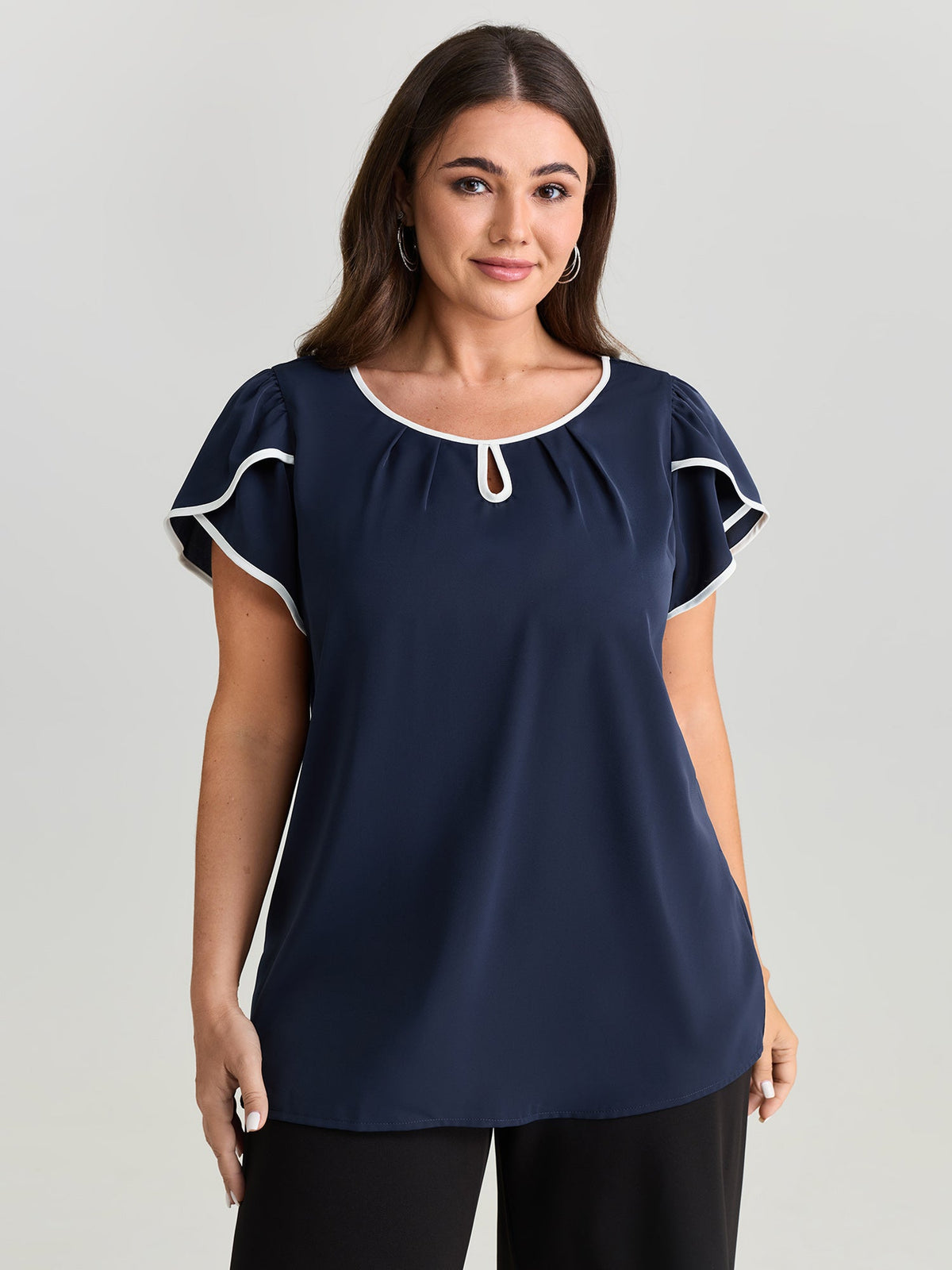 Petal Sleeve Color Contrast Plain Blouse