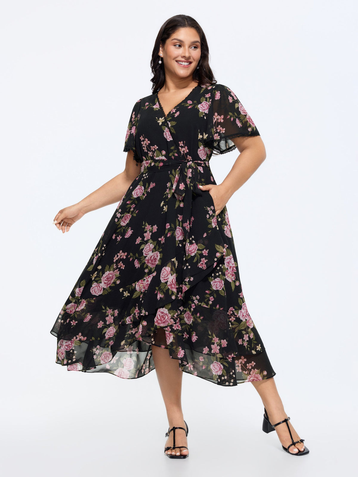 Soft Floral Print Lotus Leaf Hem Midi Dress