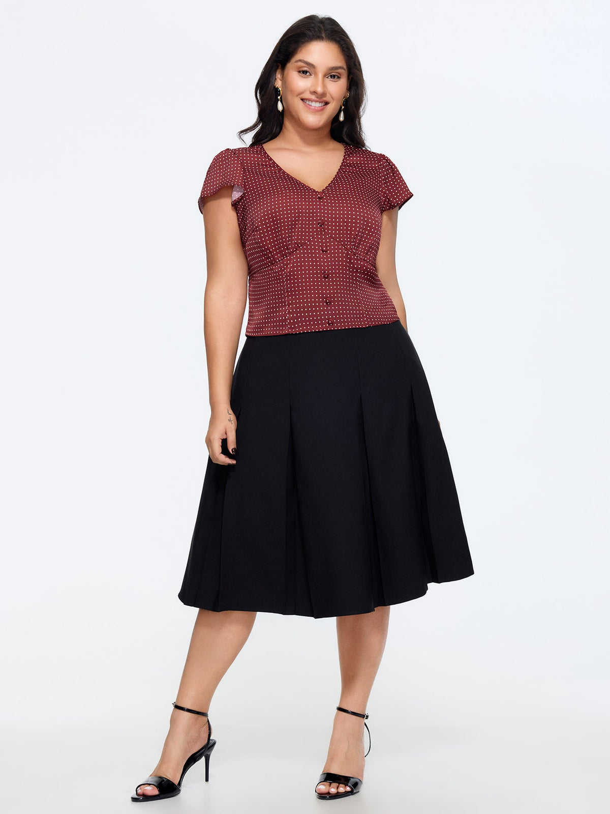 Satin Polka Dot Print Shirred Cropped Blouse